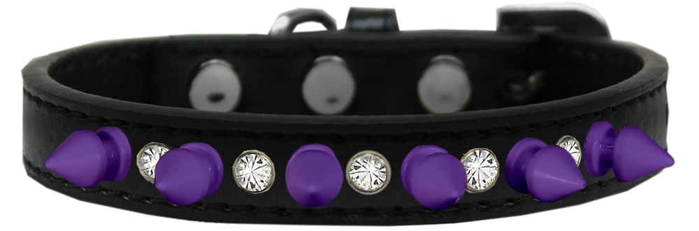 Crystal and Purple Spikes Dog Collar Black Size 10